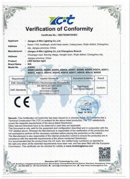Chiny Jiangsu A-wei Lighting Co., Ltd. Certyfikaty